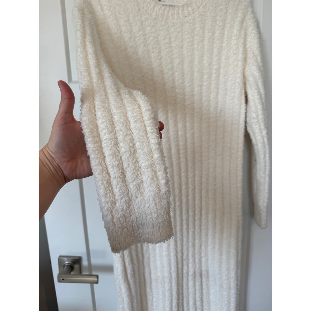 Lou & Grey Women Medium Cream Fuzzy Ribbed Eyelash Knit Midi Sweater Dress NEW - Picture 4 of 7